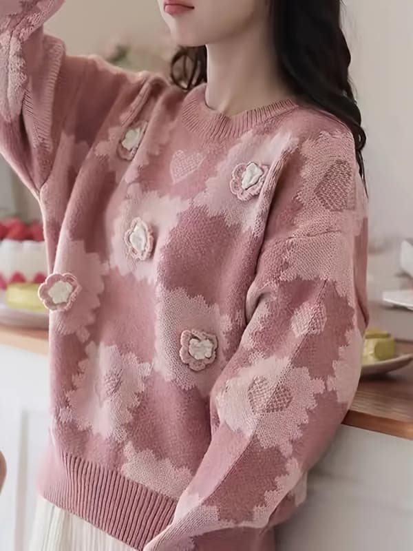 Blomstret patchwork-sweater til Valentinsdag, afslappet langærmet sweater, afslappede toppe til efterår og vinter, dametøj brown