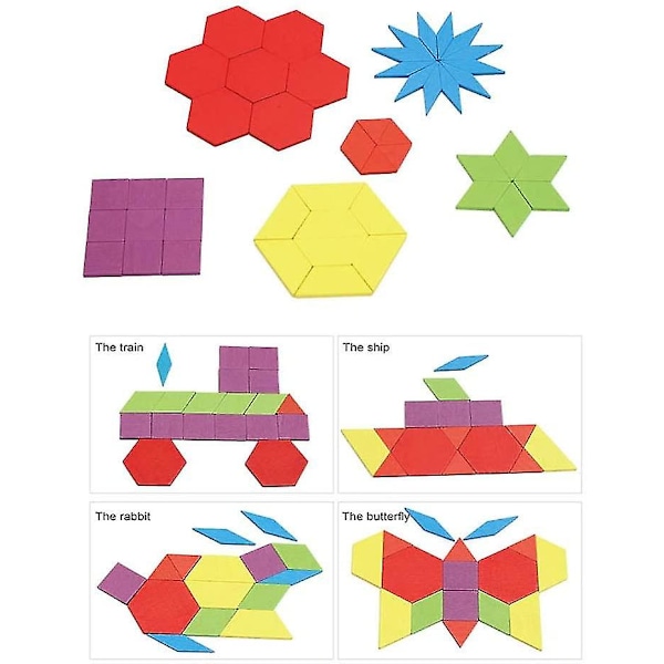 155 Træmønster Byggeklodser Sæt, Geometrisk Form Puslespil Børnehave Tangram Legetøj, Egnet Til Børn I Alderen 4-8, Inklusive 24 Designkort