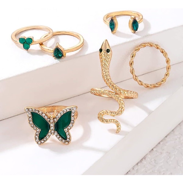 6 Pices Papillon Vert Knuckle Crystal Snake-shape Ring Set Water Drop Imitation Emerald Finger Joint Stackable Ring Jewelry Pour Femmes Et Filles
