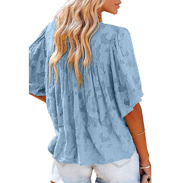 Kvinners V-hals Chiffon Trykte V-hals Avslappede Bluse Skjorte Topper Blue M