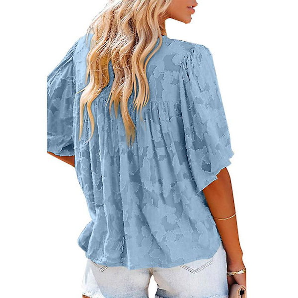 Kvinners V-hals Chiffon Trykte V-hals Avslappede Bluse Skjorte Topper Blue XL