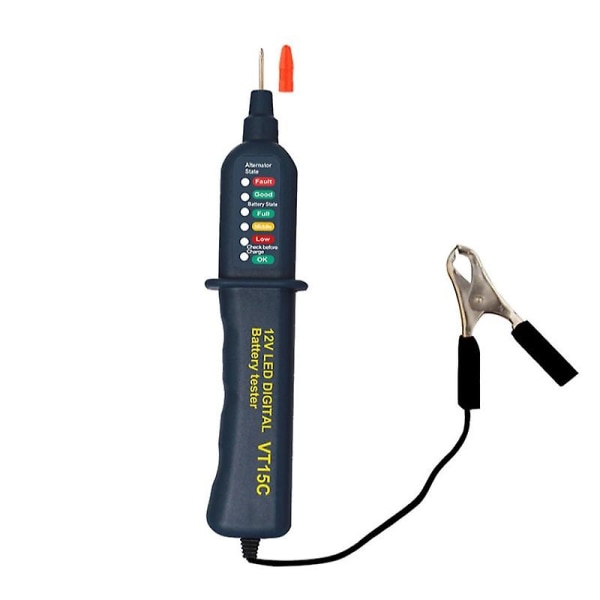 Bilbatteritester - 12 Volt - Med LED-indikator og Krokodilleklemme