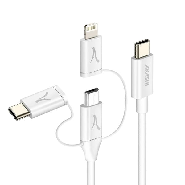 Økologisk 3-i-1 USB-C til USB-C Micro-USB Lightning kabel 1m, Hvid