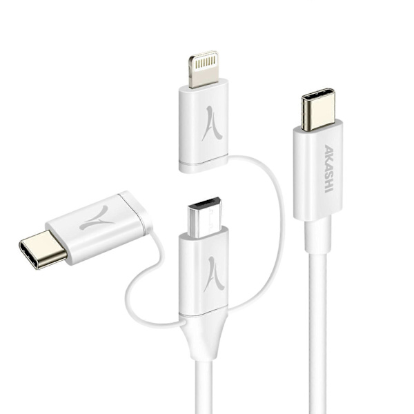 Økologisk 3-i-1 USB-C til USB-C Micro-USB Lightning-kabel 1m, Hvit