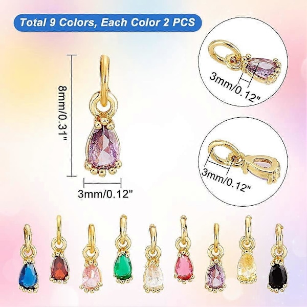 18 stk. Cubic Zirconia Dråbevedhæng Charms 9 Farver Dråbe Charms 18K Guldbelagt Messing Vedhæng Små Dinglende Charms til Valentinsdag Halskæder Armbånd