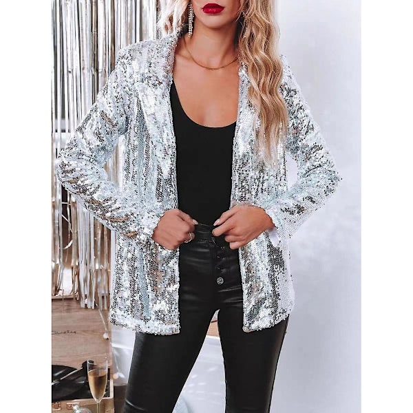 Kvinnors Sequinjacka, Glitter Sparkle Casual Långärmad Blazerrock Silver M