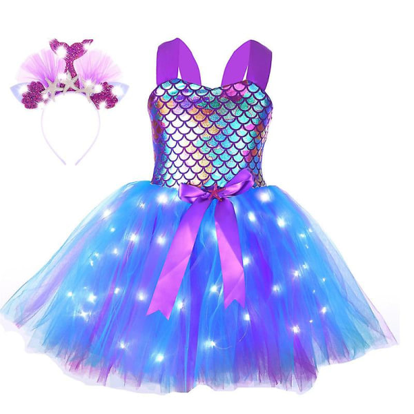 Flickande sjöjungfru kostym LED ljus upp prinsessa Tutu klänning Purple style1-2XL