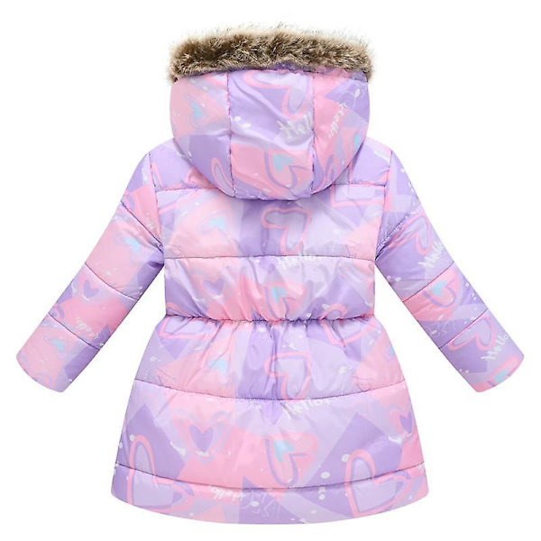 Pigevinterfrakke Jakke Hætte Børn Blomsterprint Parka Overtøj Purple 110