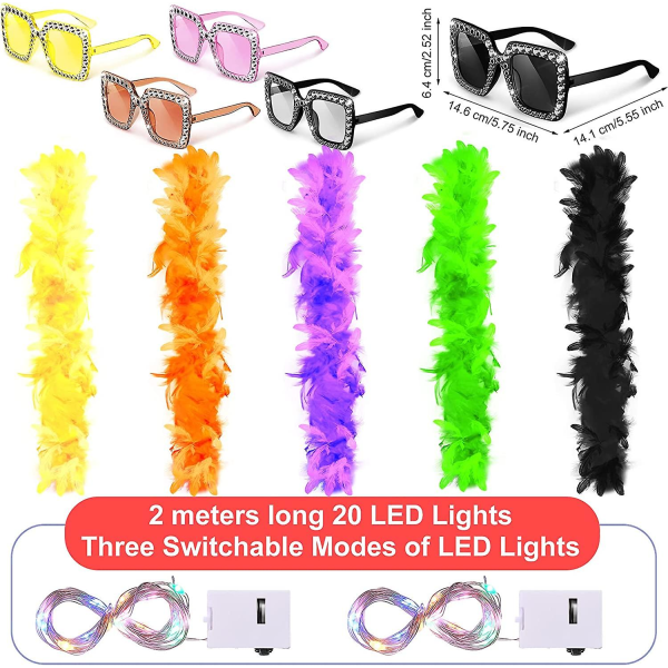 15 Pakke LED Fjærboaer for Voksne Fest Bulk Inkluderer 5 Stk 2,2 Yard Chandelle Fjærboa, 5 Stk LED Lyslenker, 5 Stk Firkantede Rhinestone Solbriller