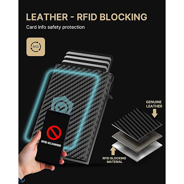 Plånbokshållare för män: Pop-up aluminiumfodral, kolfiberläder, smart, RFID-blockering, tunn, minimalistisk, framficka - 9-14 kortkapacitet | ID-fönster
