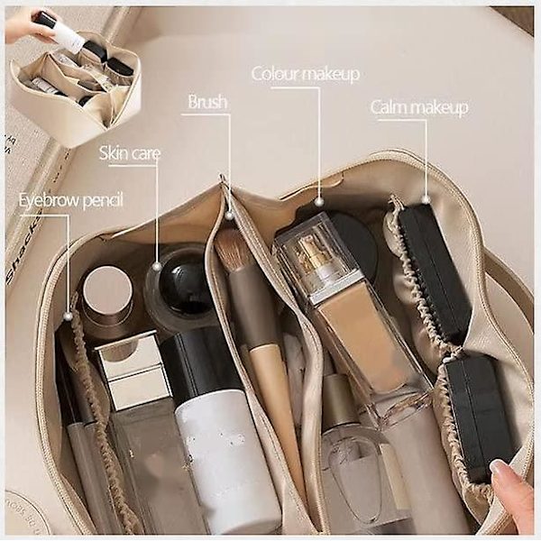 Kosmetiktaske med stor kapacitet til rejser, stor makeuptaske, vandtætte bærbare makeup tasker i læder White