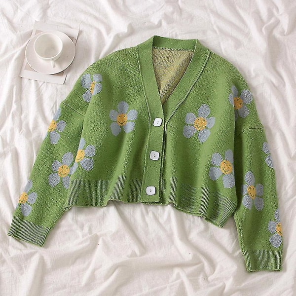 Dam Floral V-ringad Cardigan Tröja Stickning Långärmad För Höst Green