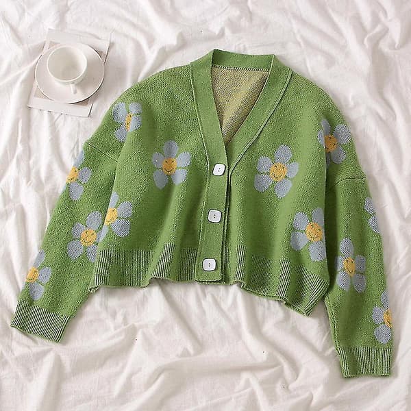 Dame Floral V-hals Cardigans Sweater Strik Langærmet Til Efterår Black