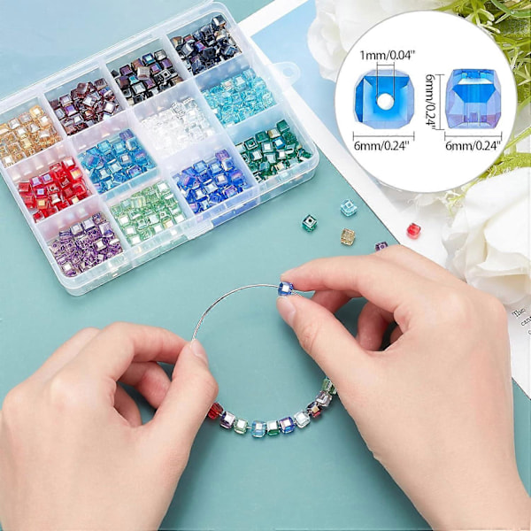 360 st Kubiska Glaspärlor 12 Färger Facetterade Elektropläterade Pärlor 6mm Kristall Distanspärlor Lösa Pärlor för Halsband Örhänge Smyckestillverkning hål: 1mm