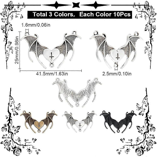 1 ASK 30 STK Svarta Bat-Kopplingsberlocker Hjärtberlocker Halloween Gotisk Vampyrvinge Dubbla Öglor Silver Brons Svart Länkberlock Bulk för Smyckestillverkning