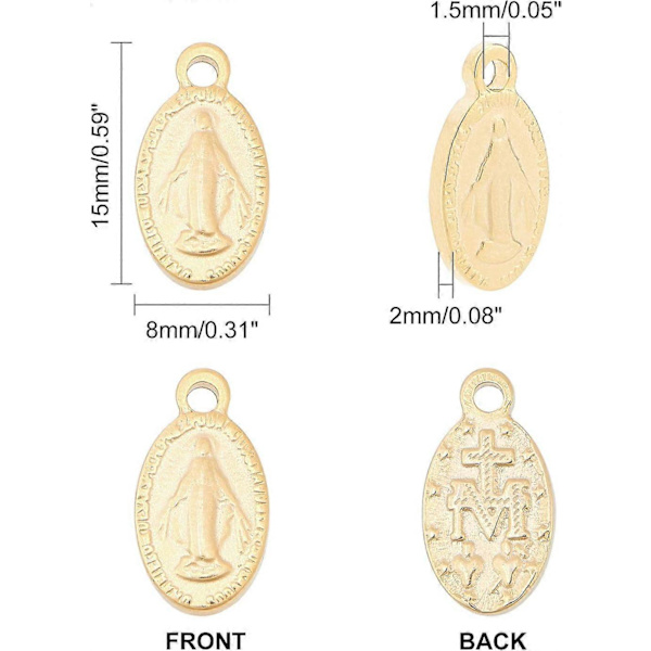 10 stk. Oval Forlængerkæde Vedhæng 304 Rustfrit Stål Oval med Jomfru Maria Charms Gylden Farve 15mm Endestykke Charm Connector til DIY Smykkefremstilling