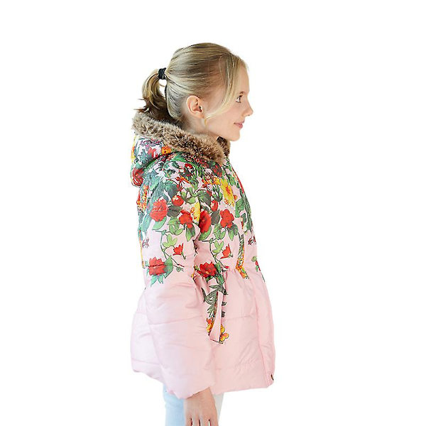 Pigevinterfrakke Jakke Hætte Børn Blomsterprint Parka Overtøj White 130