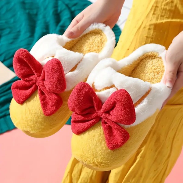 Kawaii Bowknot Fuzzy House Slippers, Closed Toe Soft Sole Plush Flat Shoes, Winter Warm Home Slippers yellow EU35 36