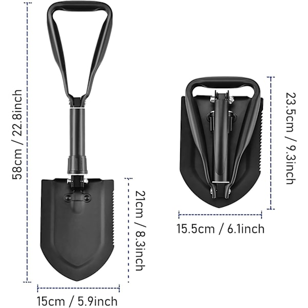 58cm hopfällbar spade, ultrastabil högstyrka kolstål multifunktionell spade bärväska, (svart)