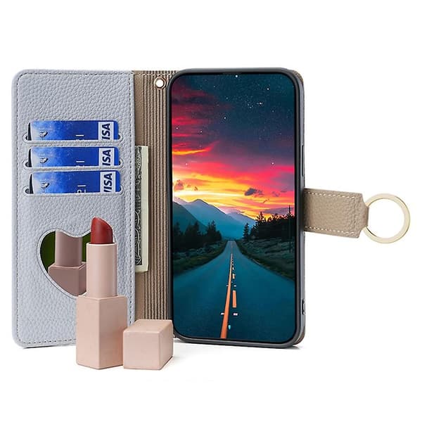 Fodral för iPhone 11 Pro med dragkedjeficka, telefonväska, stativ och sminkspegel - Vit Blue Style E iPhone 11 Pro