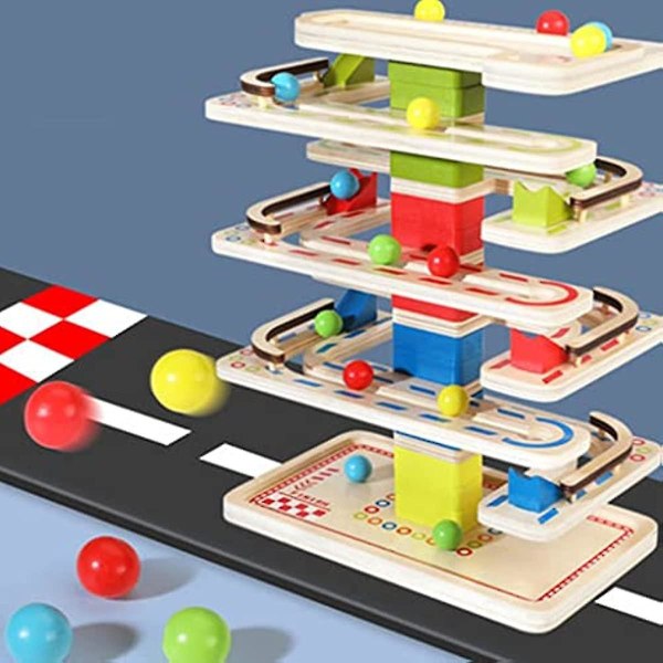 Träramp Racer Barn Race Track Leksak Bollbana Med 4 Träkulor För 3 4