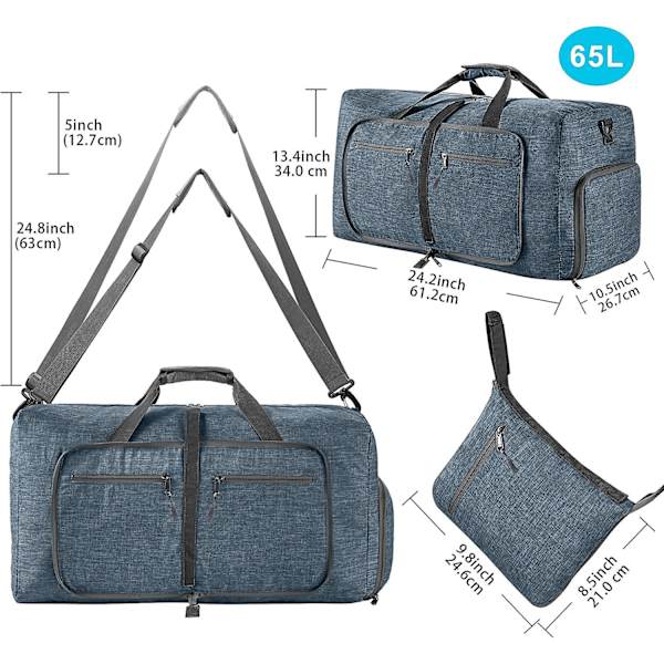 Reise-Dufflebag for menn, 65l sammenleggbar reise-duffelbag med sko-rom nattpose for menn kvinner vanntett og rivebestandig Blue