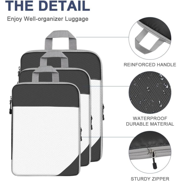 Resväskorganiserare set 4 delar, packkuber, vattentäta resekläder, packpåsar för resväskor, förpackningskuber med kosmetikväska, skopåse svart