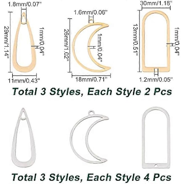 18 stk. 3 Stiler Rustfritt Stål Åpen Bakside Bezel Anheng Gull og Sølv Dråpeformet Bakside Bezel Anheng Resin