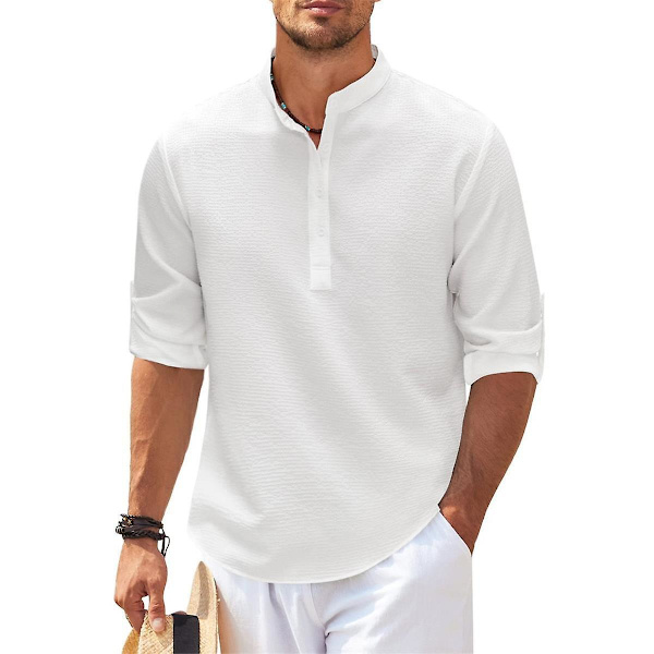 Høy kvalitet, langærmet skjorte med stående krage for menn, casual White 4XL