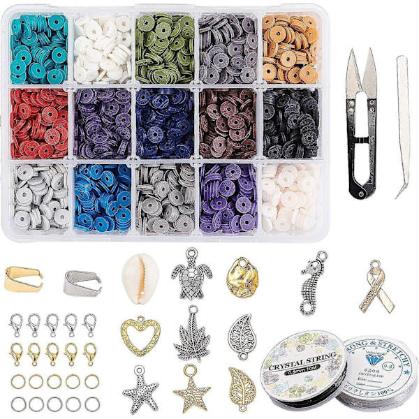 3000 stk. 15 farger 6mm flate runde polymerleireperler Metallromperler Åpne hoppringer Elastisk smykkesnor