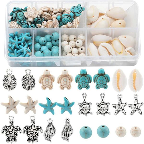 1 Ask 170 st Sköldpadds Pärlor Boho Stil Sötvattenspärlor Bulk Blå Vit Syntetisk Turkos Havssköldpaddor Pärlor Charms Hawaii Skal Pärla Rund Lös Distans B
