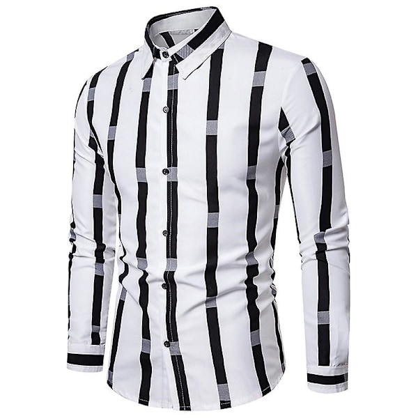 Herr Casual Långärmad Skjorta Knapp Ned Randig Lös Skjorta White 4XL