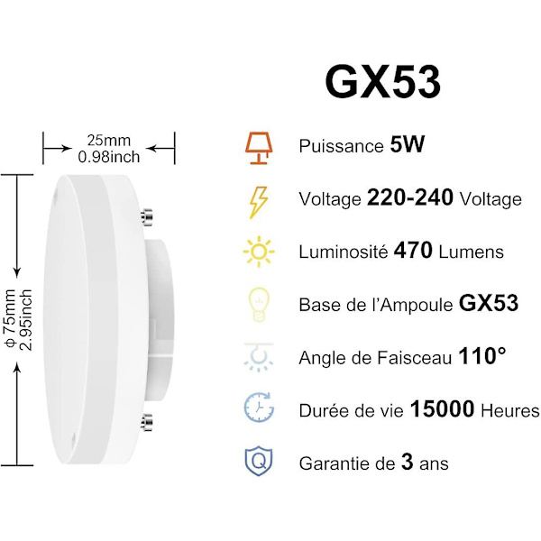 4-pack GX53 LED-lampor, 5W motsvarande 40W, 3000K varmt vitt ljus, 470 lm, låg förbrukning, ej dimbar [energiklass F]