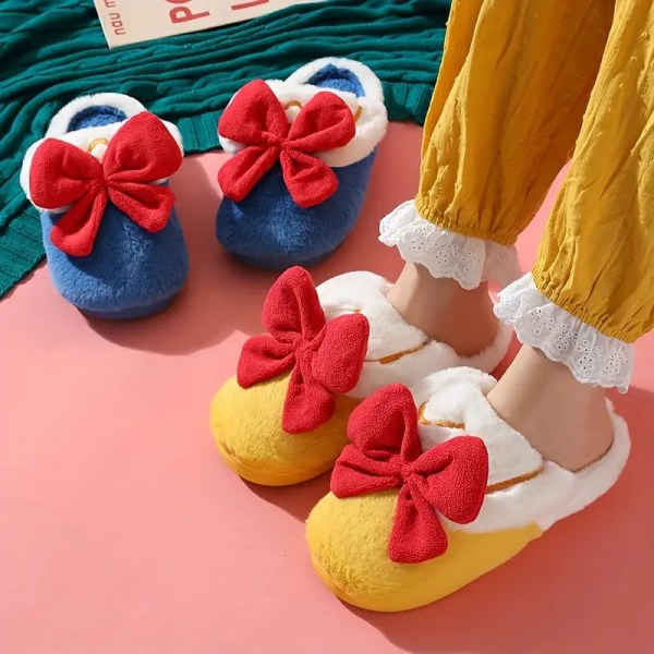Kawaii Bowknot Fuzzy House Slippers, Closed Toe Soft Sole Plush Flat Shoes, Winter Warm Home Slippers yellow EU35 36