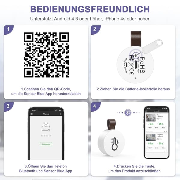 Bluetooth termometer hygrometer, mini innendørs temperatur fuktighetssensor med APP, dataeksport