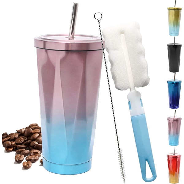 Dryckeskoppar i rostfritt stål, kaffekopp med sugrör Vakuumisolerad kontorsmugg (rosa och blå 18 oz/500 ml)