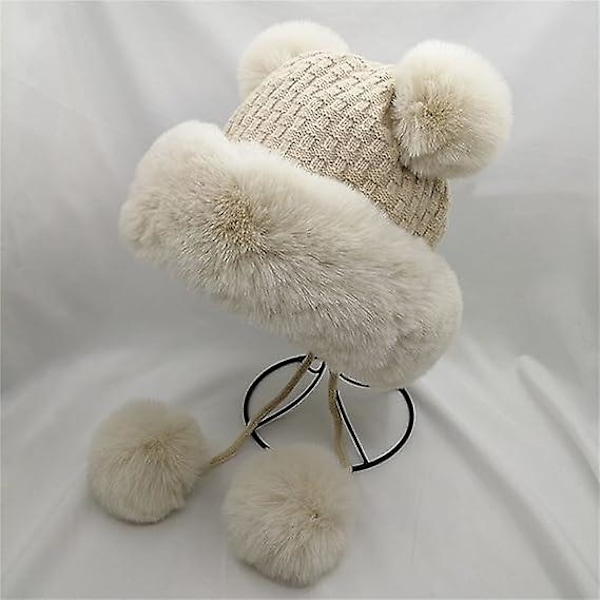 Varm Ullhatt med Öronlappar, Tjock Hatt, Söt Snö- och Vinterkeps för Kvinnor, Varmaste Hatt för Män (Beige)
