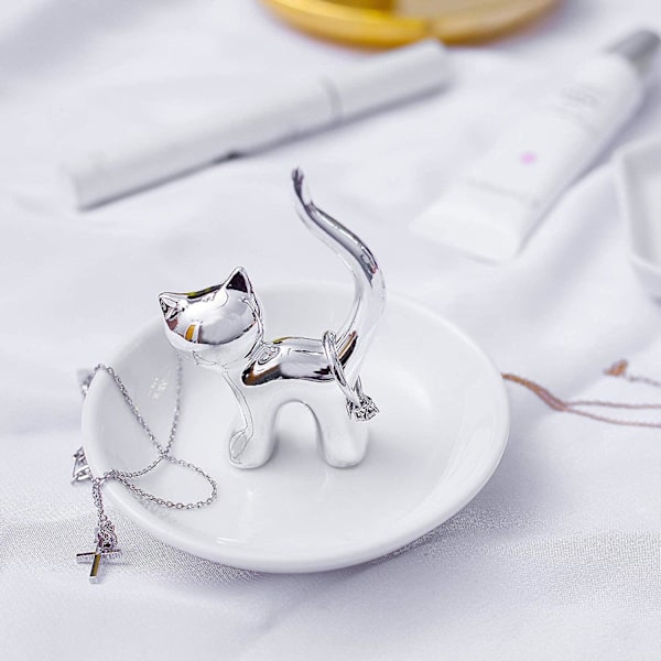 Söta djur ringhållare ringfat smyckeshållare ringar armband örhängen prydnadsbricka för kvinnor flickor födelsedagspresent - Silver Cat