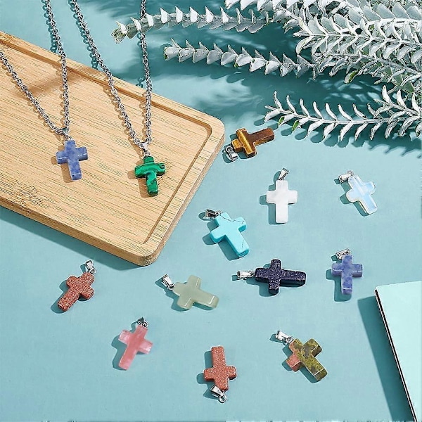 50 stk. Sten Kors Charms 10 Farve Ædelsten Vedhæng Kors Kvarts Krystal Chakra Charms