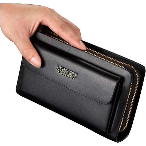 Herre clutch taske i læder med høj kapacitet, dobbelt lynlås, lang pung