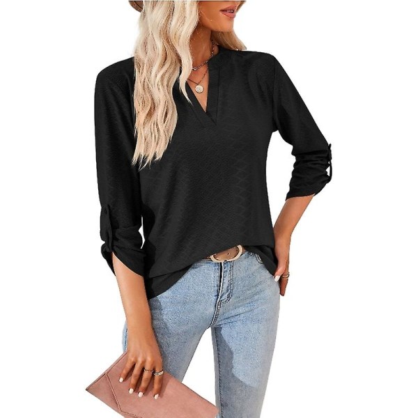 Dame V-hals Kortermet T-skjorte Casual Løse Skjorter Topper Black M