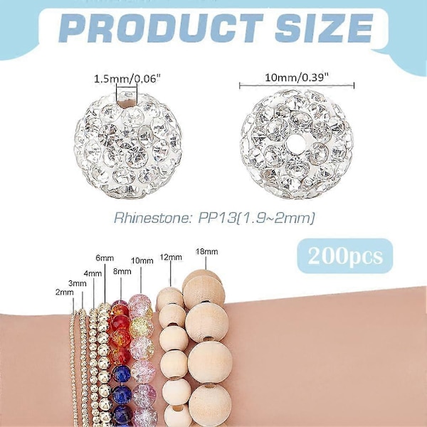 200 stk Rhinestone Perler 10mm Glitter Krystallperler Disco Ball Perler Polymerleire Perler Runde Perler Løse Perler for Vennskapsarmbånd Halskjede Øredobber