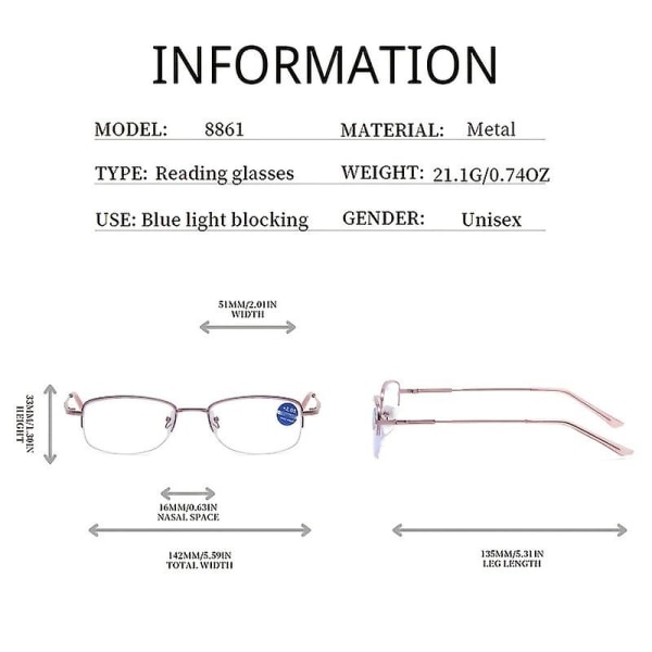 1 st halvram blått ljusblockerande läsglasögon kvinnor lätta halvramfria läsare 250 degree