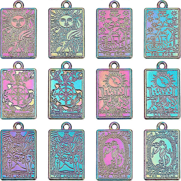 12 kpl 6 tyylin Tarot-kortti-koruja, telinepinnoitettu sateenkaaren värinen suorakulmainen seos Tarot-koru riipus DIY-rannekoruihin, korvakoruihin, kaulakoruihin, henkilökohtaisiin koruihin