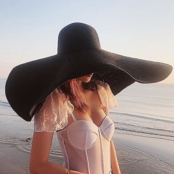 Överdimensionerade strandhattar för damer Extra stor strandhatt med bred brätte Vikbar roll-up floppy solhatt Sommar utomhus svart