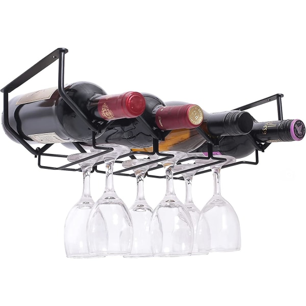 Vinglasställ under skåpet Stålvaruställ och vinflaskhållare Köksförvaring med 4 organizer och 6 glashållare (1 set, mattsvart)