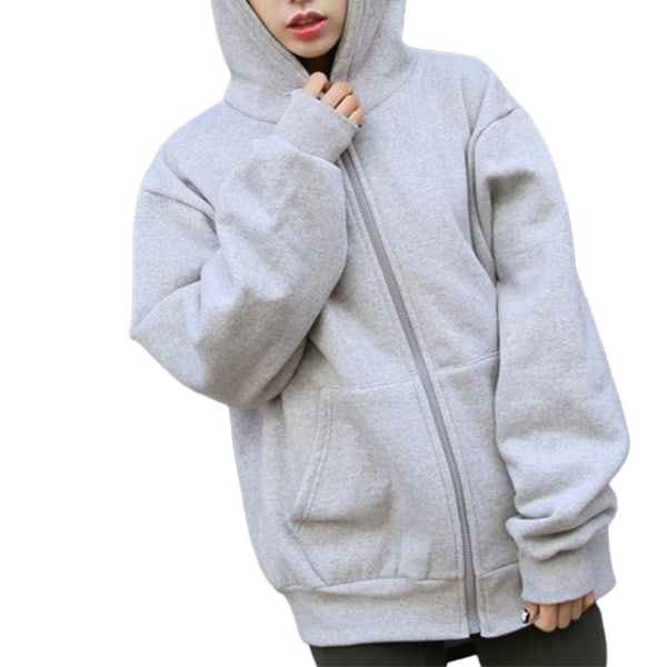 Hættetrøje til kvinder med 2 lommer, ensfarvet, langærmet, lynlåsdesign, løs pasform 2XL Gray
