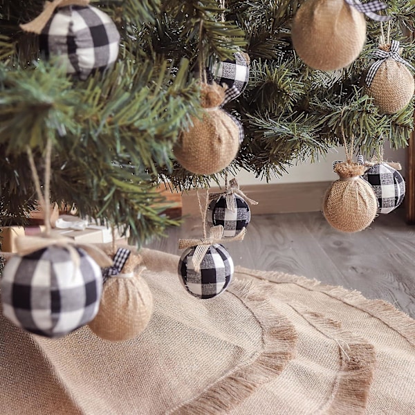Julepynt Trepynt, 12 stk. Buffalo Plaid Jute Gårdshus Julepynt, Svart Hvit Landlig Juledekor