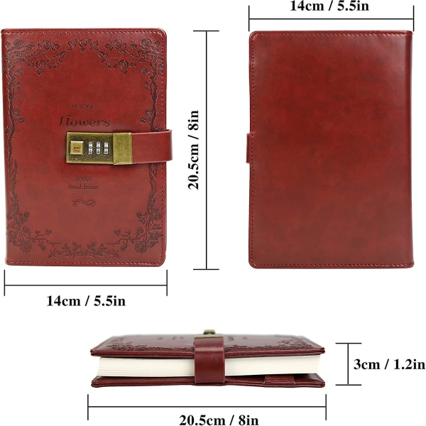 Blomster Læder Journal Med Lås Skrive Dagbog Notesbog Kombination Adgangskode Linjeret Genopfyldeligt Papir 200 X 140 Mm (rød)