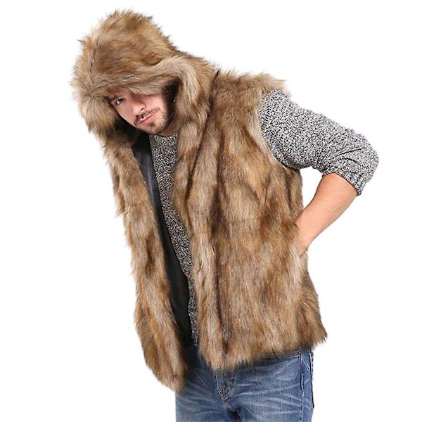 Herre Faux Pels Vest Veste Ærmeløs Hætte Jakke Frakke M